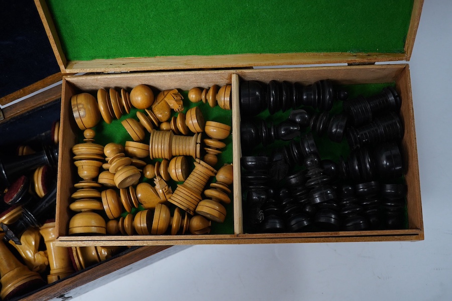 Two wooden chess sets, Staunton and turned, tallest king 9cm. Condition - fair.